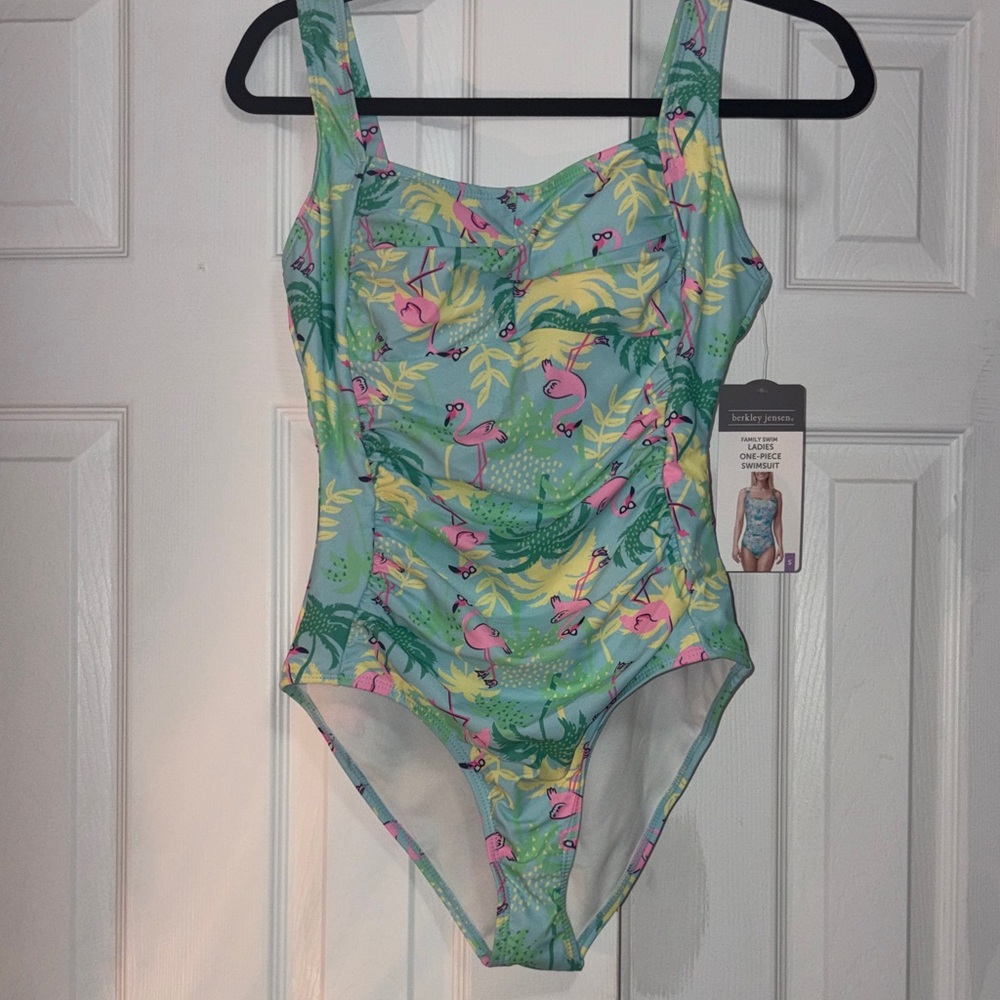 🌴Berkeley Jensen Ladies Flamingo Print Swimsuit - Green and Pink Size Small